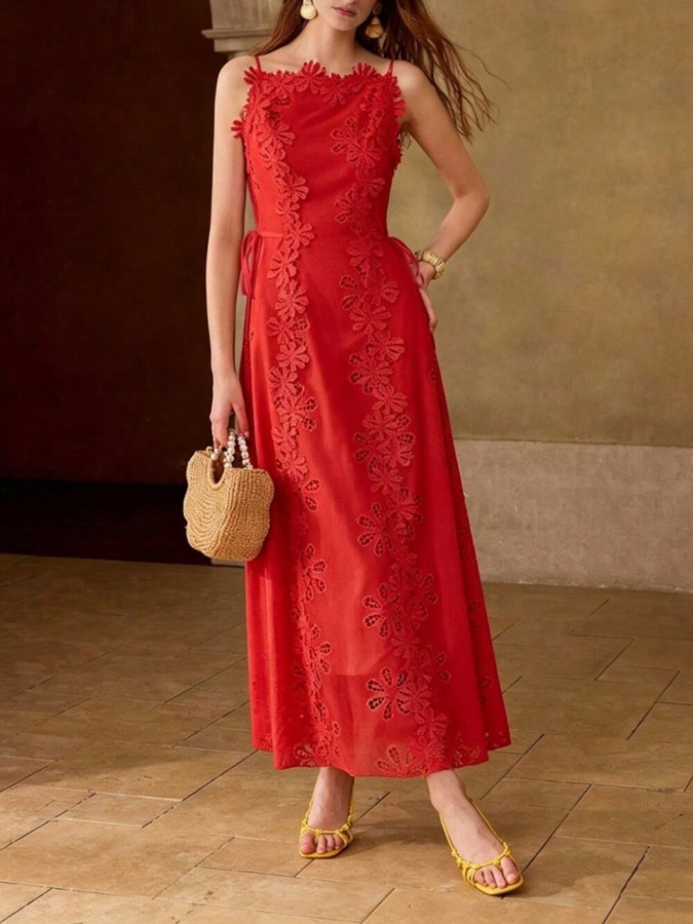 Red Floral Lace Applique Maxi Dress with Tie Waist
